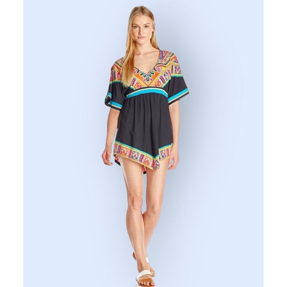 TRINA TURK Women's Nepal Black & Tropical Colors Swim Cover up Dress 6 8 Tunic - Picture 9 of 12